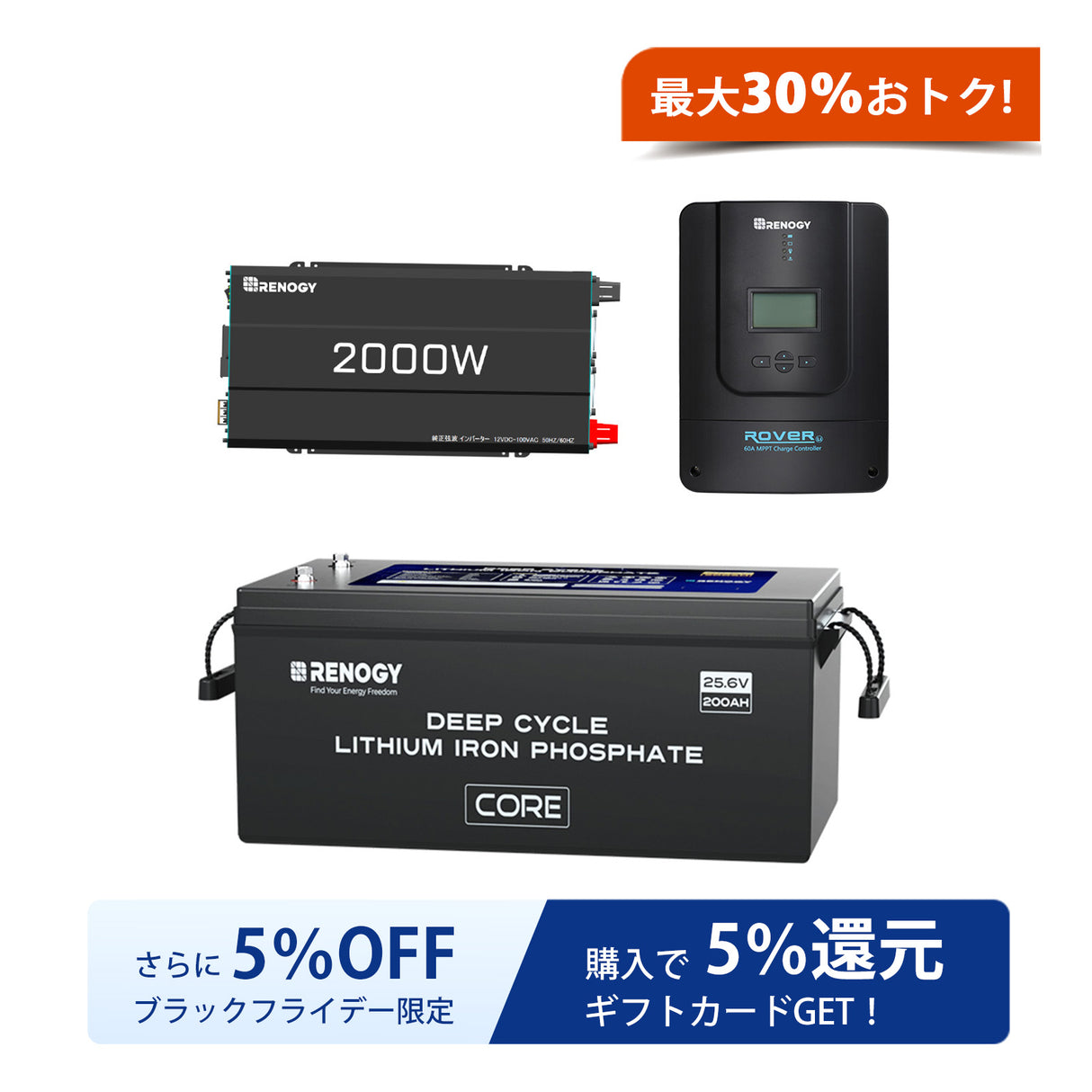 Renogy ヒート機能付き 24V 200Ah リン酸鉄リチウムイオンバッテリー+2000W 24V 純正弦波インバーター+60A MPPT チャージコントローラー セット
