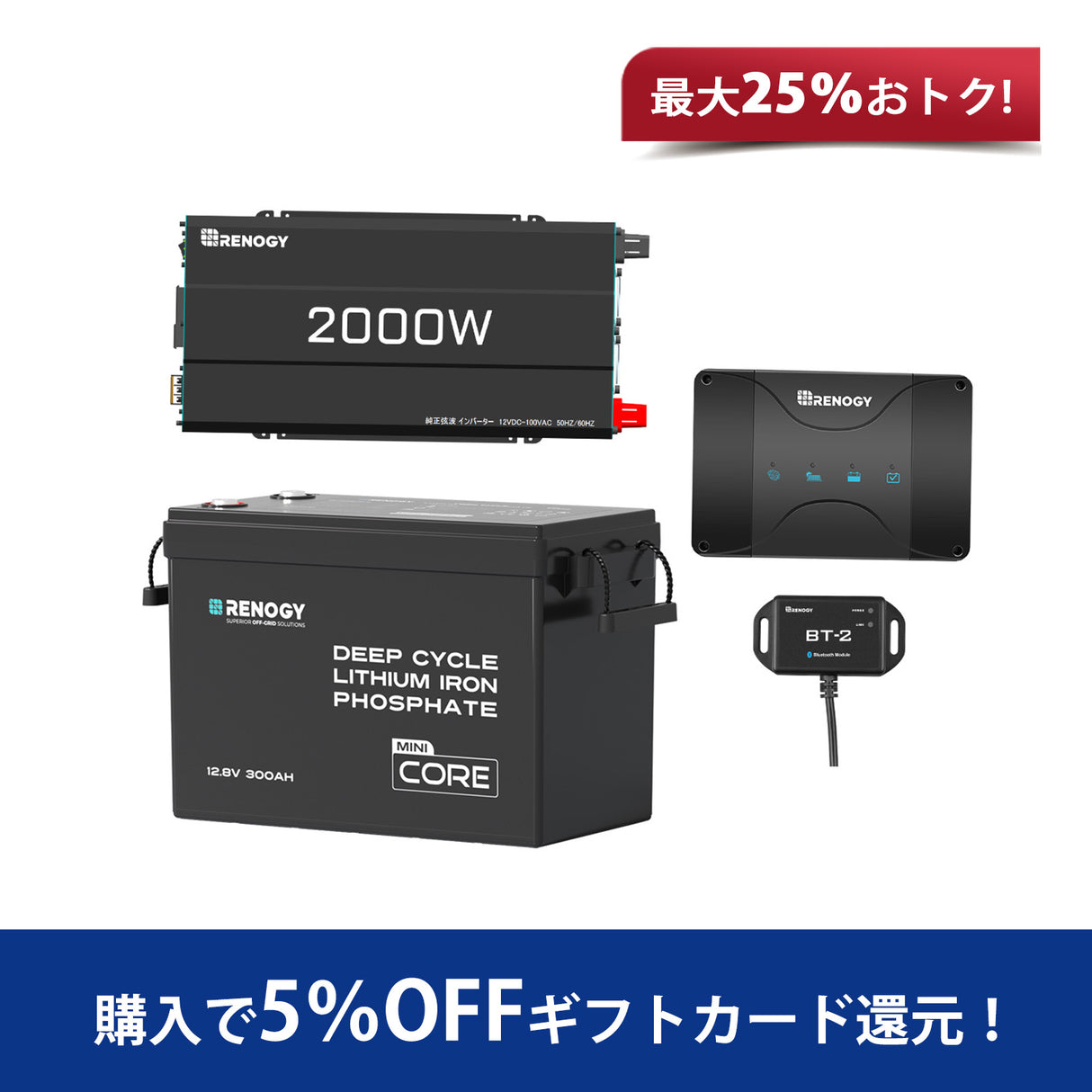 Renogy 12V 300Ah Mini リン酸鉄リチウムイオンバッテリー+2000W 12V 純正弦波インバーター+12V 50A DCC 走行充電器 セット