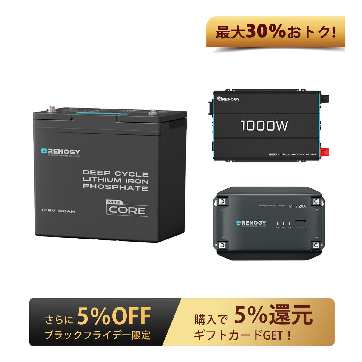 Renogy ヒート機能付き 12V 100Ah Mini リン酸鉄リチウムイオンバッテリー+1000W 12V 純正弦波インバーター+12V 40A DC-DC 走行充電器 セット