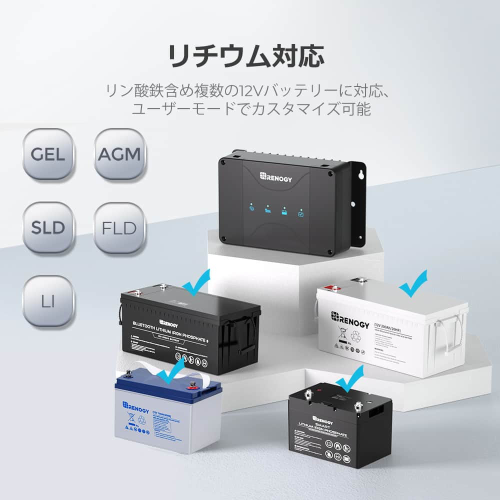 12V 50A/30A DCC 走行充電器 MPPT内蔵 LiFePO4、SLA、GEL、AGM、鉛蓄電池対応