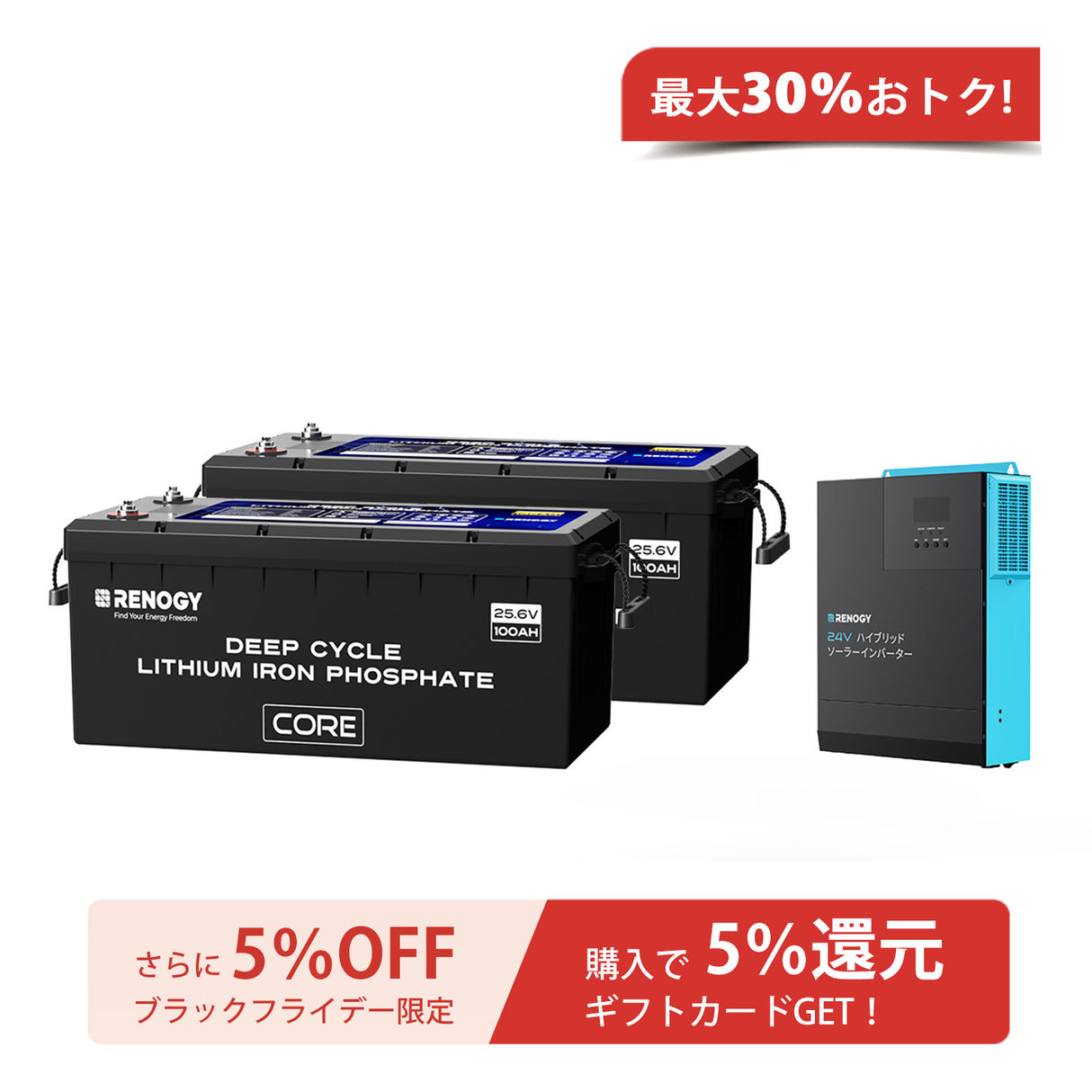 Renogy ヒート機能付き 24V 200Ah リン酸鉄リチウムイオンバッテリー+2500W 24V 純正弦波ハイブリッドソーラーインバーター　　セット