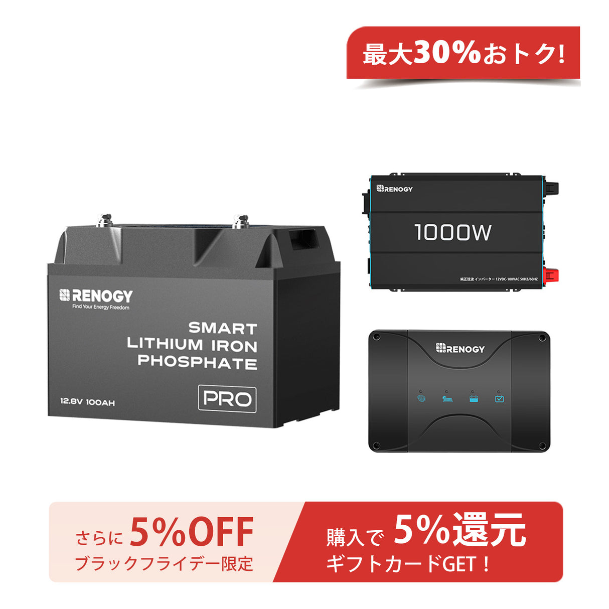 Renogy ヒート機能付き 12V 100Ah リン酸鉄リチウムイオンバッテリー Bluetooth内蔵+1000W 12V 純正弦波インバーター+12V 30A DCC 走行充電器　セット