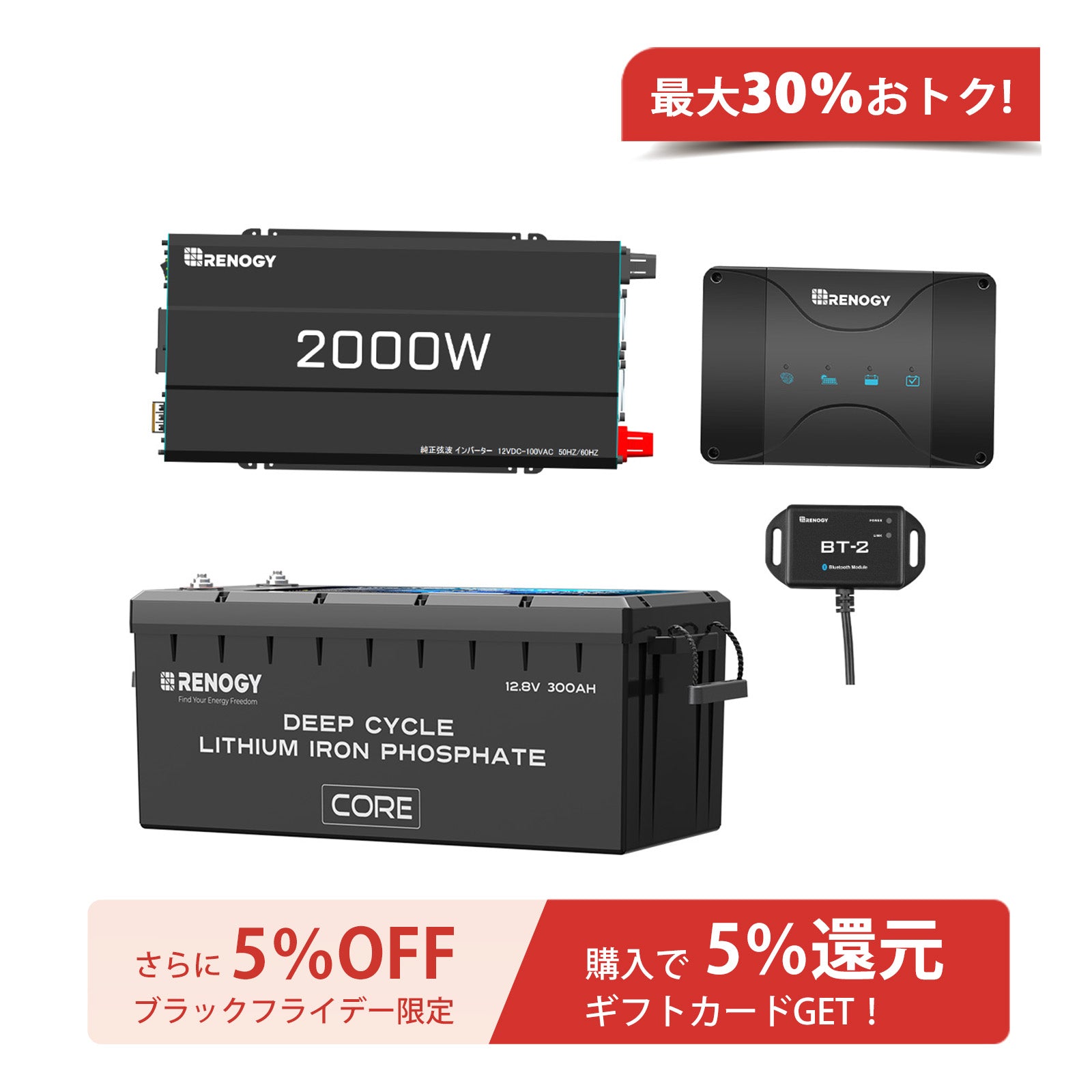 RENOGY 走行充電器 インバーターセット 2000W 一式 正弦波インバーター2000W/1000W 12V 50/60HZ切替可能 | Renogy JP
