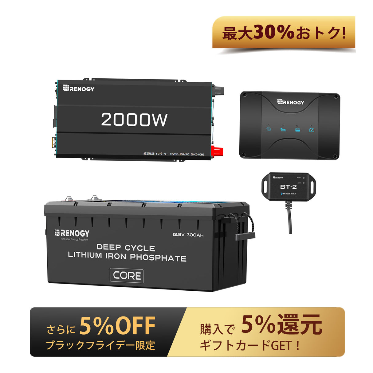 Renogy ヒート機能付き12V 300Ah Core LTシリーズ リン酸鉄リチウムイオンバッテリー+2000W 12V 純正弦波インバーター+12V 50A DCC 走行充電器　セット