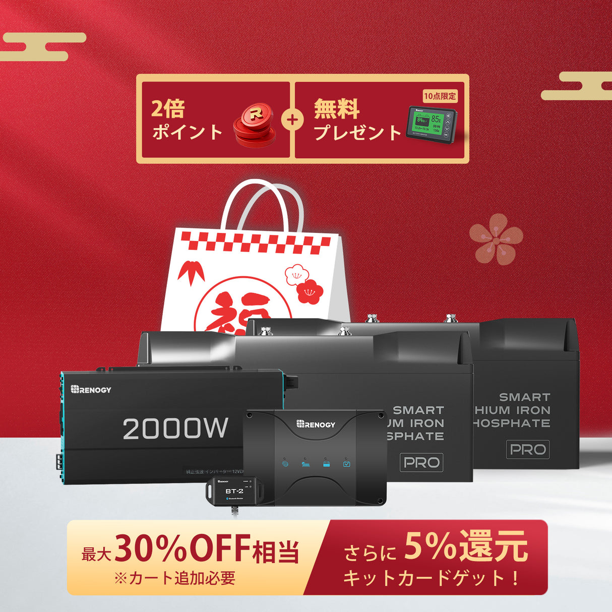 400Ah パワーキット｜200Ahヒート機能付きリン酸鉄リチウムイオンバッテリー×2+2000Wインバーター＋50A DCC 走行充電器