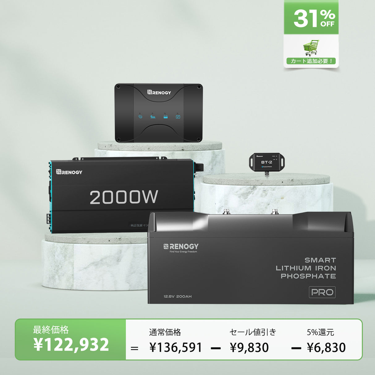 200Ah パワーキット｜200Ahヒート機能付きリン酸鉄リチウムイオンバッテリー+2000Wインバーター＋50A DCC 走行充電器