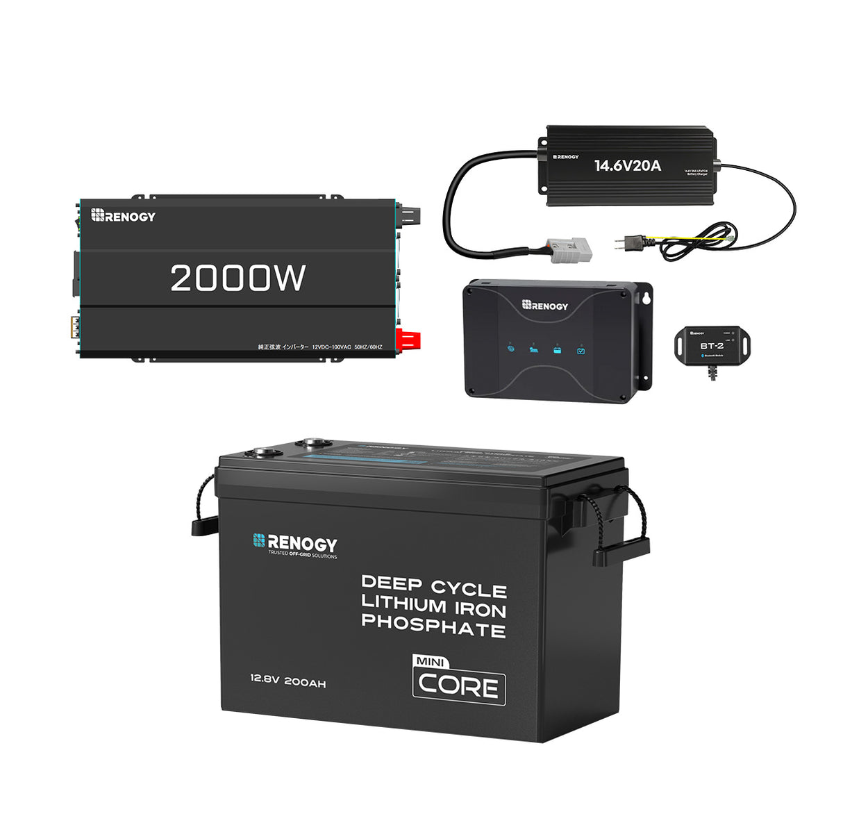 200Ah パワーキット｜200Ah Mini リン酸鉄リチウムイオンバッテリー+2000Wインバーター＋50A DCC 走行充電器