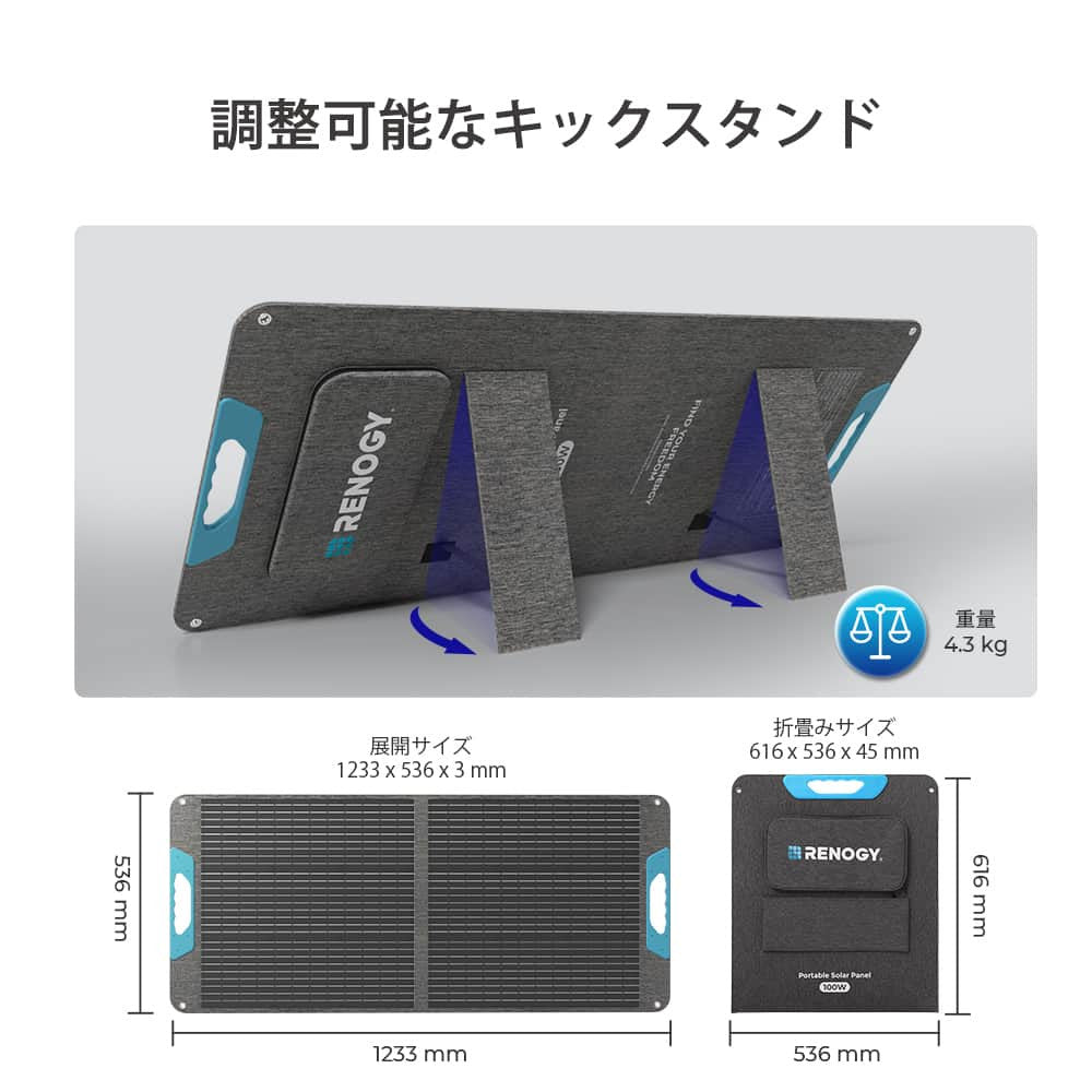 E.FLEXシリーズ 100W 折り畳みポータブルソーラーパネル USBポート付き