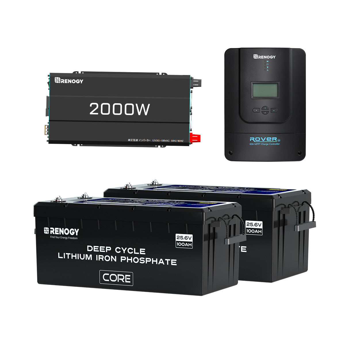 Renogy ヒート機能付き 24V 100Ah リン酸鉄リチウムイオンバッテリー+2000W 24V 純正弦波インバーター+60A MPPT チャージコントローラー　セット