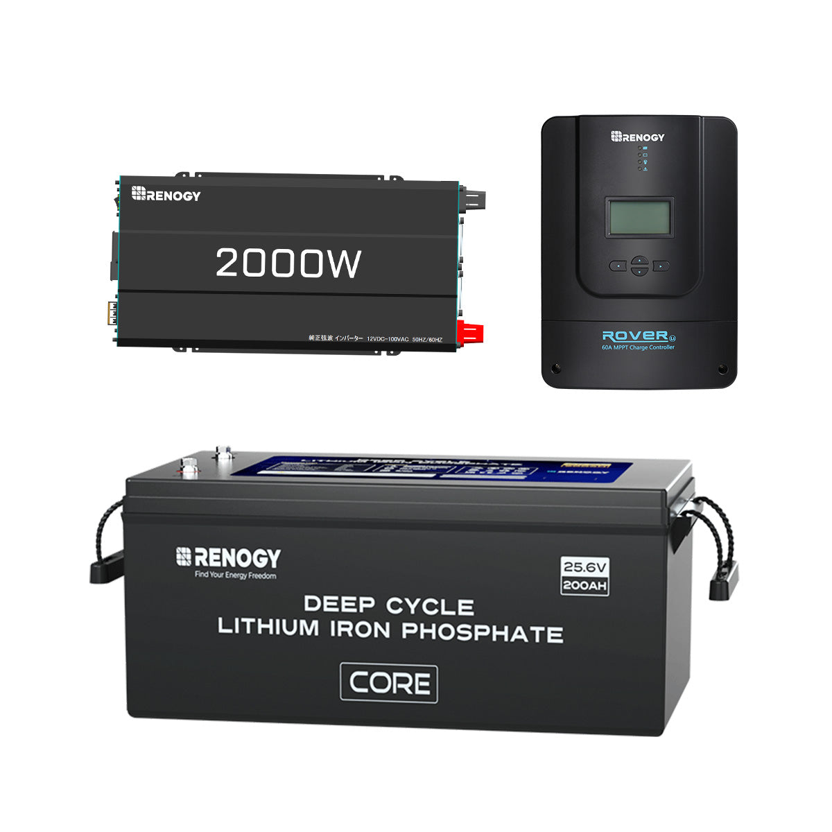 Renogy ヒート機能付き 24V 200Ah リン酸鉄リチウムイオンバッテリー+2000W 24V 純正弦波インバーター+60A MPPT チャージコントローラー　セット