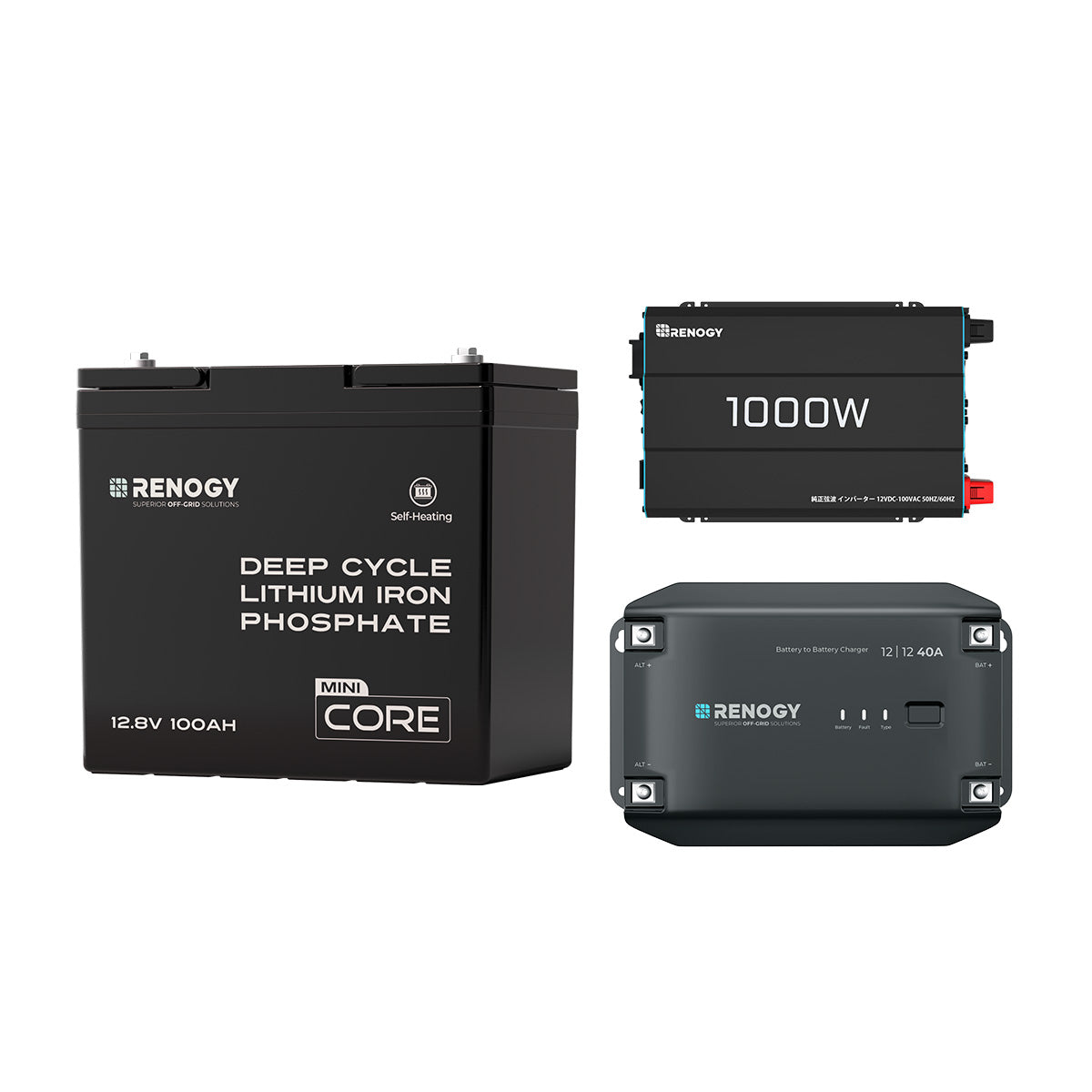 Renogy ヒート機能付き 12V 100Ah Mini リン酸鉄リチウムイオンバッテリー+1000W 12V 純正弦波インバーター+12V 40A DC-DC 走行充電器　セット