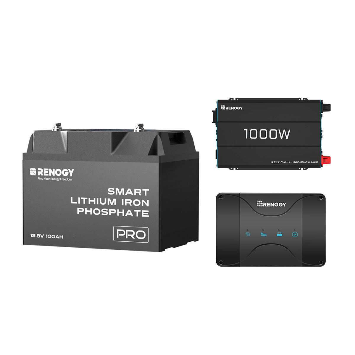 Renogy ヒート機能付き 12V 100Ah リン酸鉄リチウムイオンバッテリー Bluetooth内蔵+1000W 12V 純正弦波インバーター+12V 30A DCC 走行充電器　セット